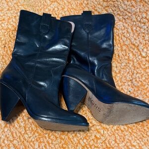 Michael Kors Black Leather Mid-Calf Heeled Boots with Stacked Heel